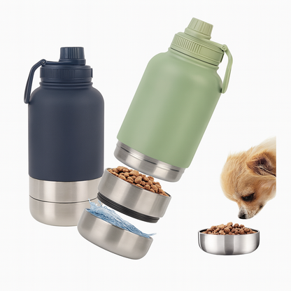 Botella de agua aislada para perros con tazón de viaje y comedero portátil 3 en 1