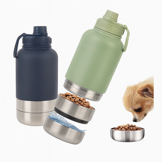 Botella de agua aislada para perros con tazón de viaje y comedero portátil 3 en 1